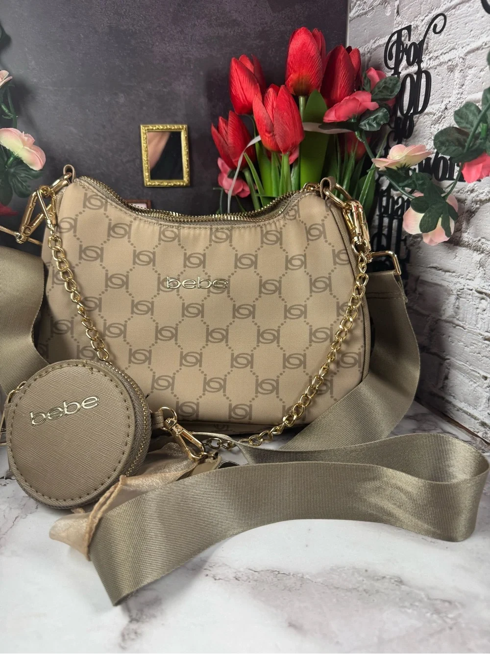 bebe Taupe Logo Crossbody with Gold Chain & Coin Pouch